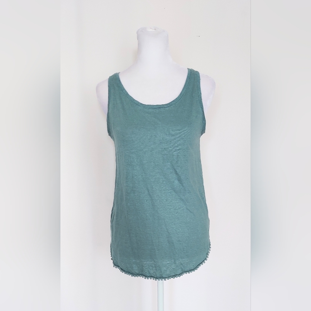 St. Tropez West Sleeveless Knit Tassled Hem 100% Linen Tank Top Green Size XS